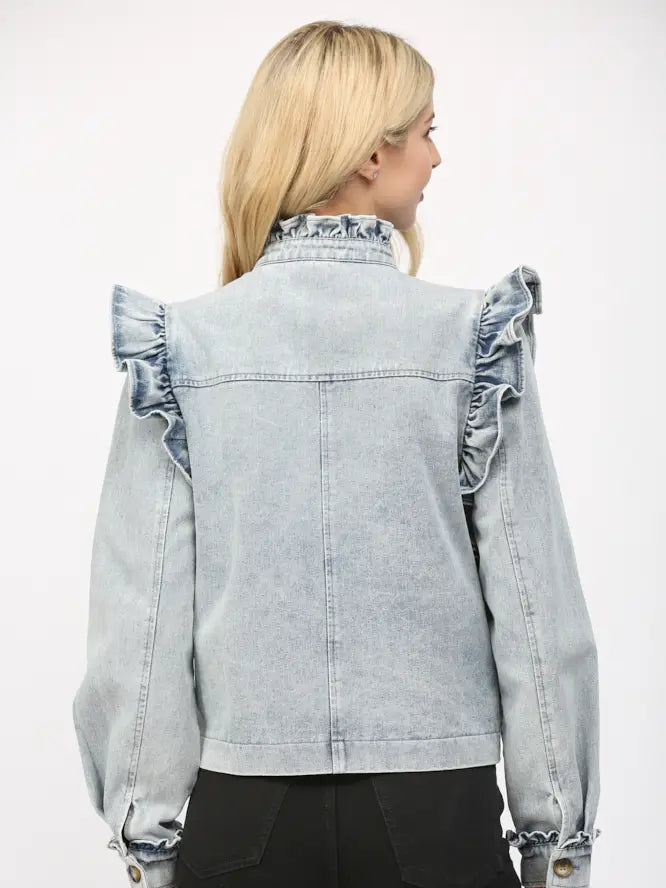 Ruffle Detail Washed Denim Jacket