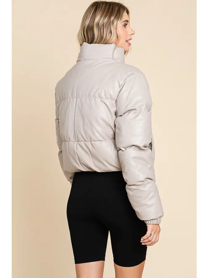 FAUX Leather Front Zipper and Buttons Puffer