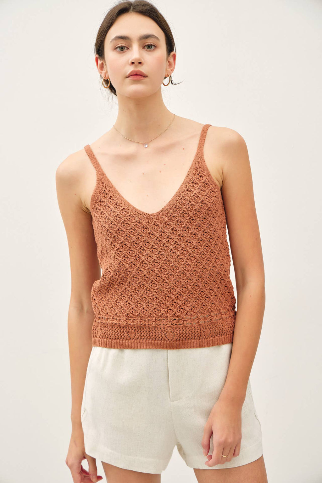 CROCHET KNIT DETAILED V-NECK TANK