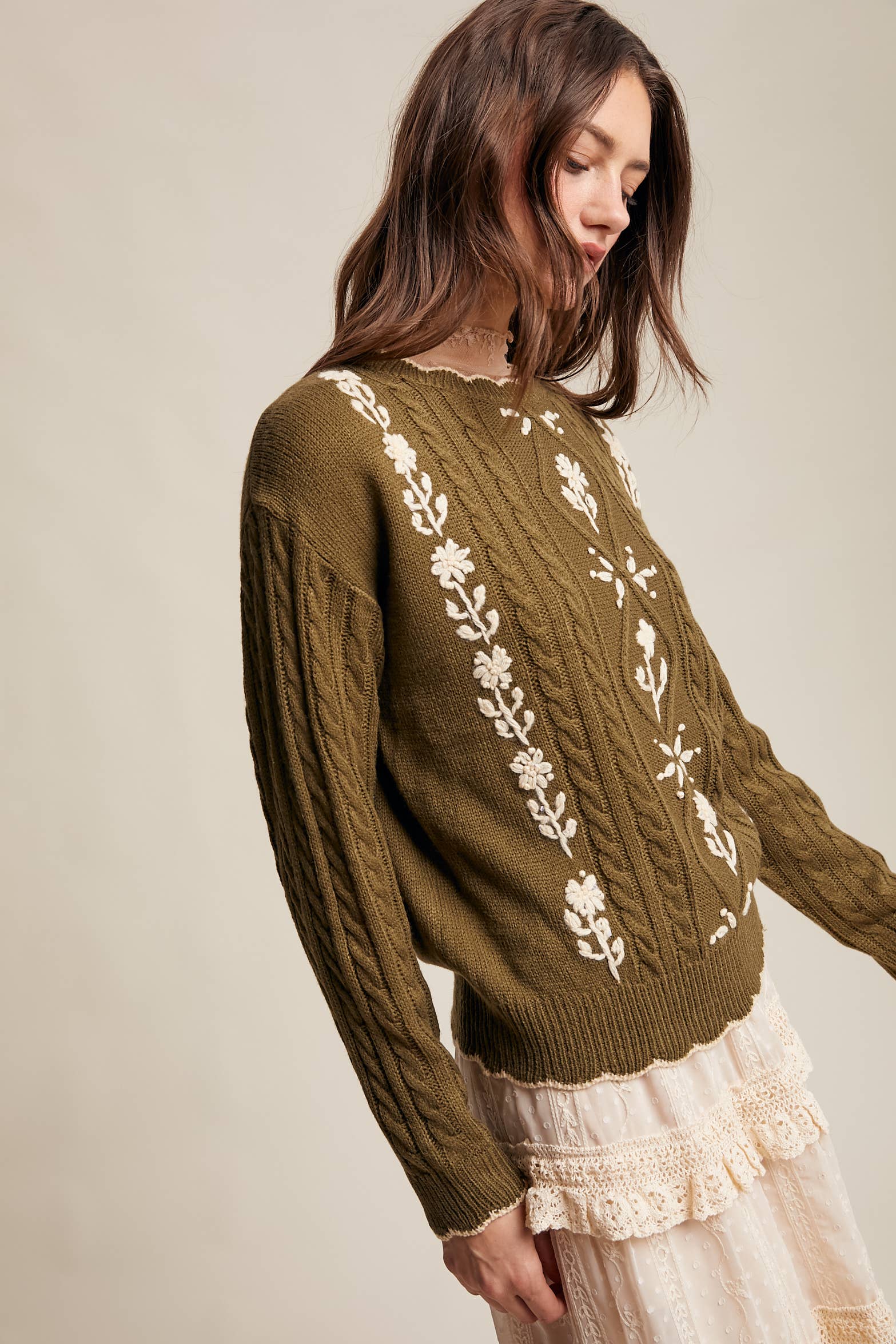 Floral Embroidered Cable Knit Sweater