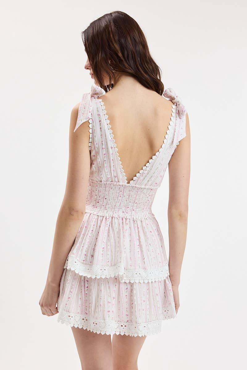BORDER STRIPE TIE STRAP LAYERED LACE MINI DRESS