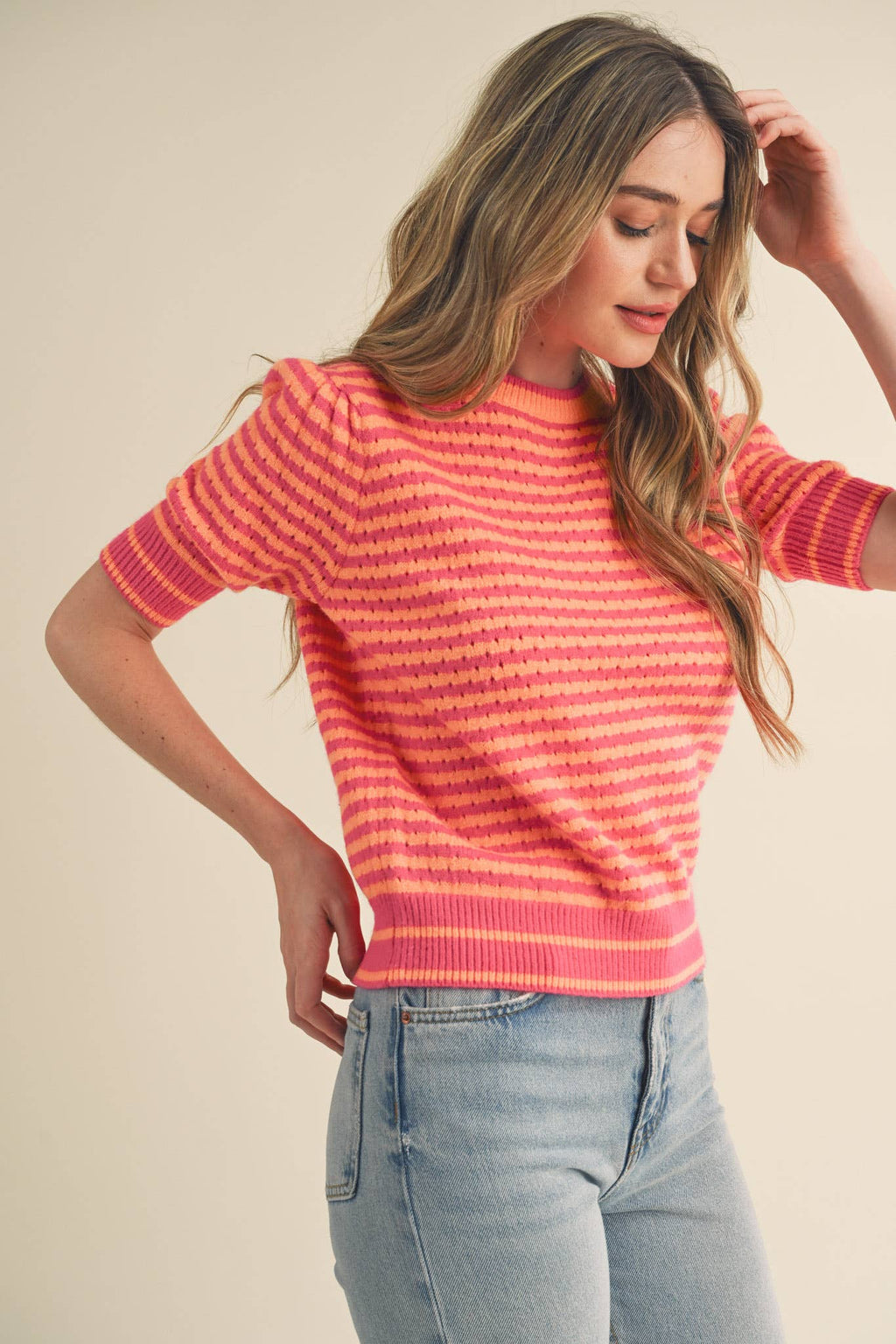 STRIPED POINTELLE KNIT PUFF SLEEVE SWEATER