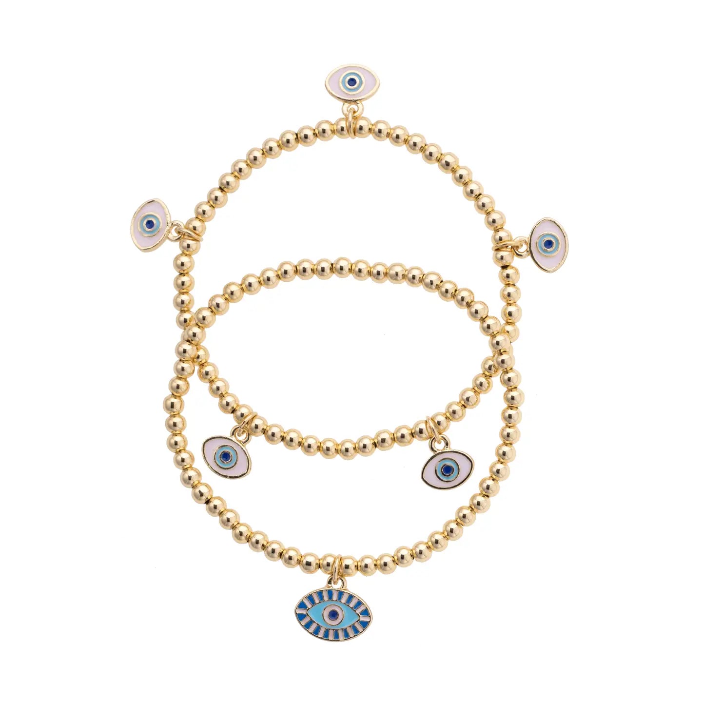 Evil Eye Ball Bead Stretch Bracelet Set of 2 in Shiny Gold