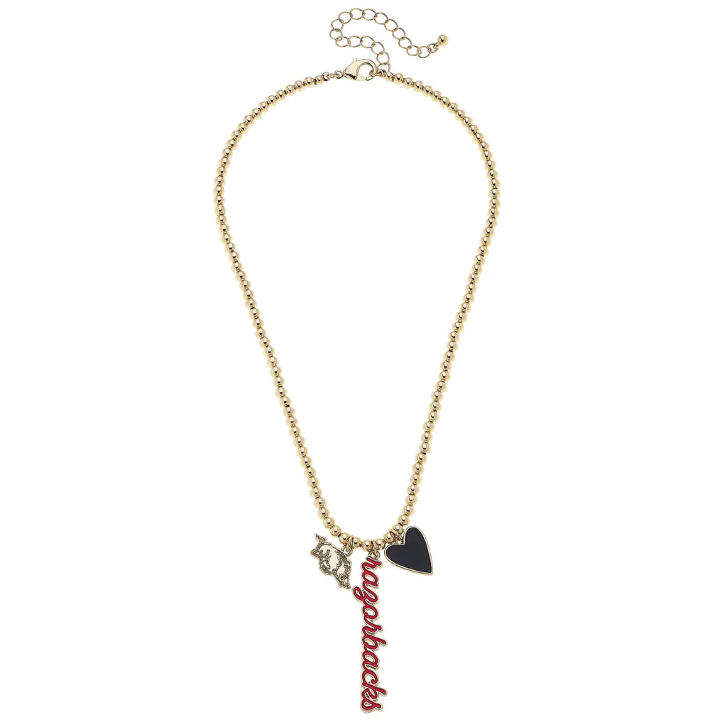 Arkansas Razorbacks Ball Bead Charm Necklace in Shiny Gold
