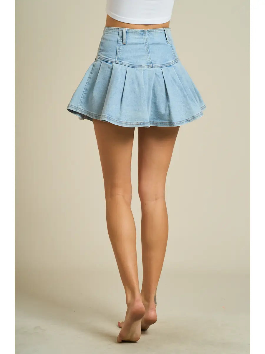 Front Button Pleated Denim Skirt