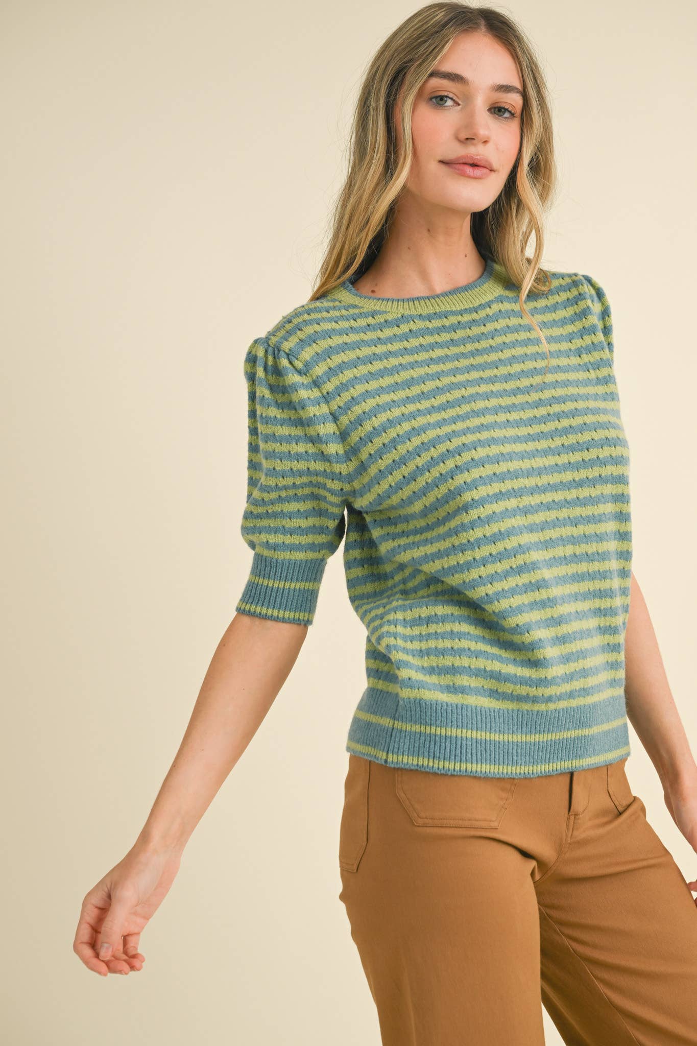STRIPED POINTELLE KNIT PUFF SLEEVE SWEATER