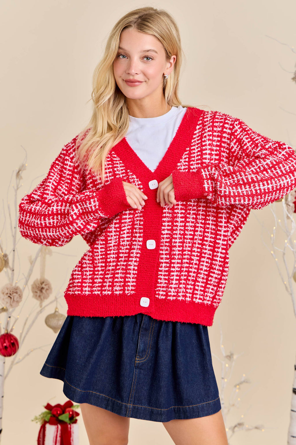 Holiday Check Knit Cardigan