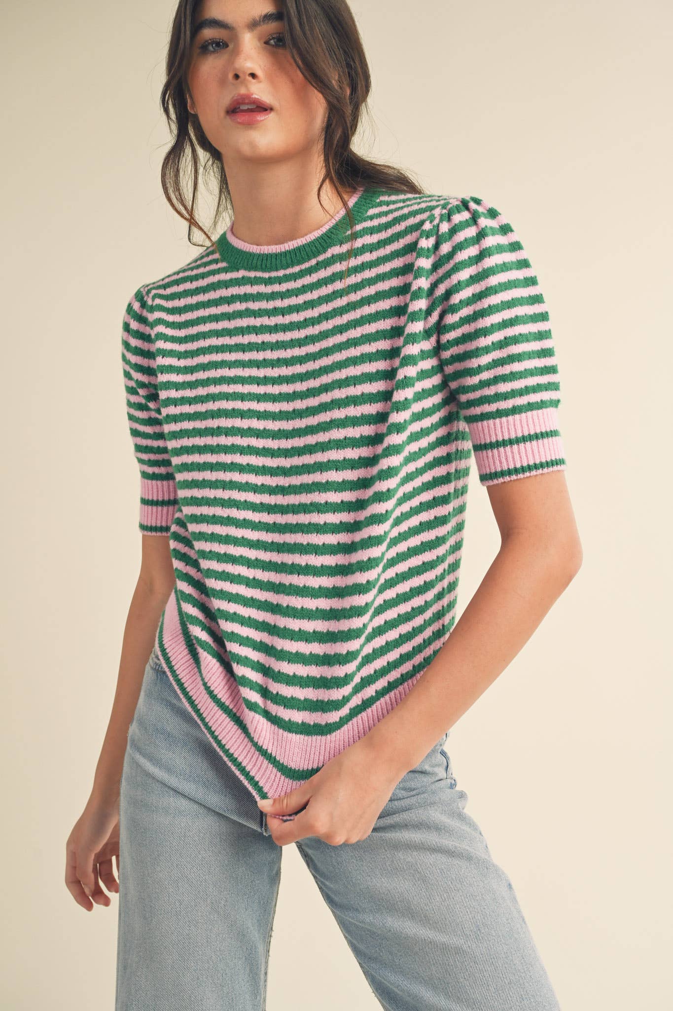 STRIPED POINTELLE KNIT PUFF SLEEVE SWEATER