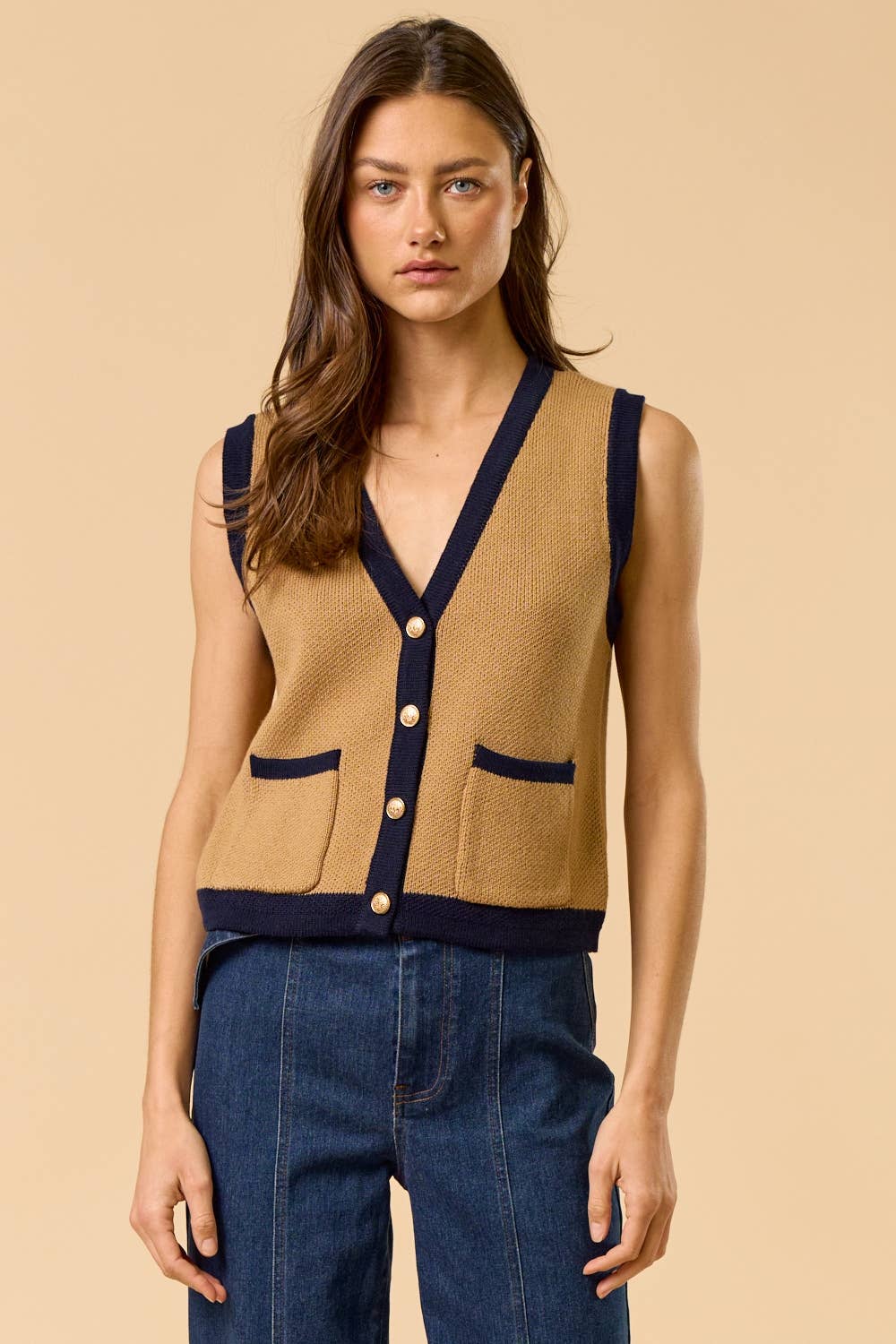 Color Block Button Down Sweater Vest