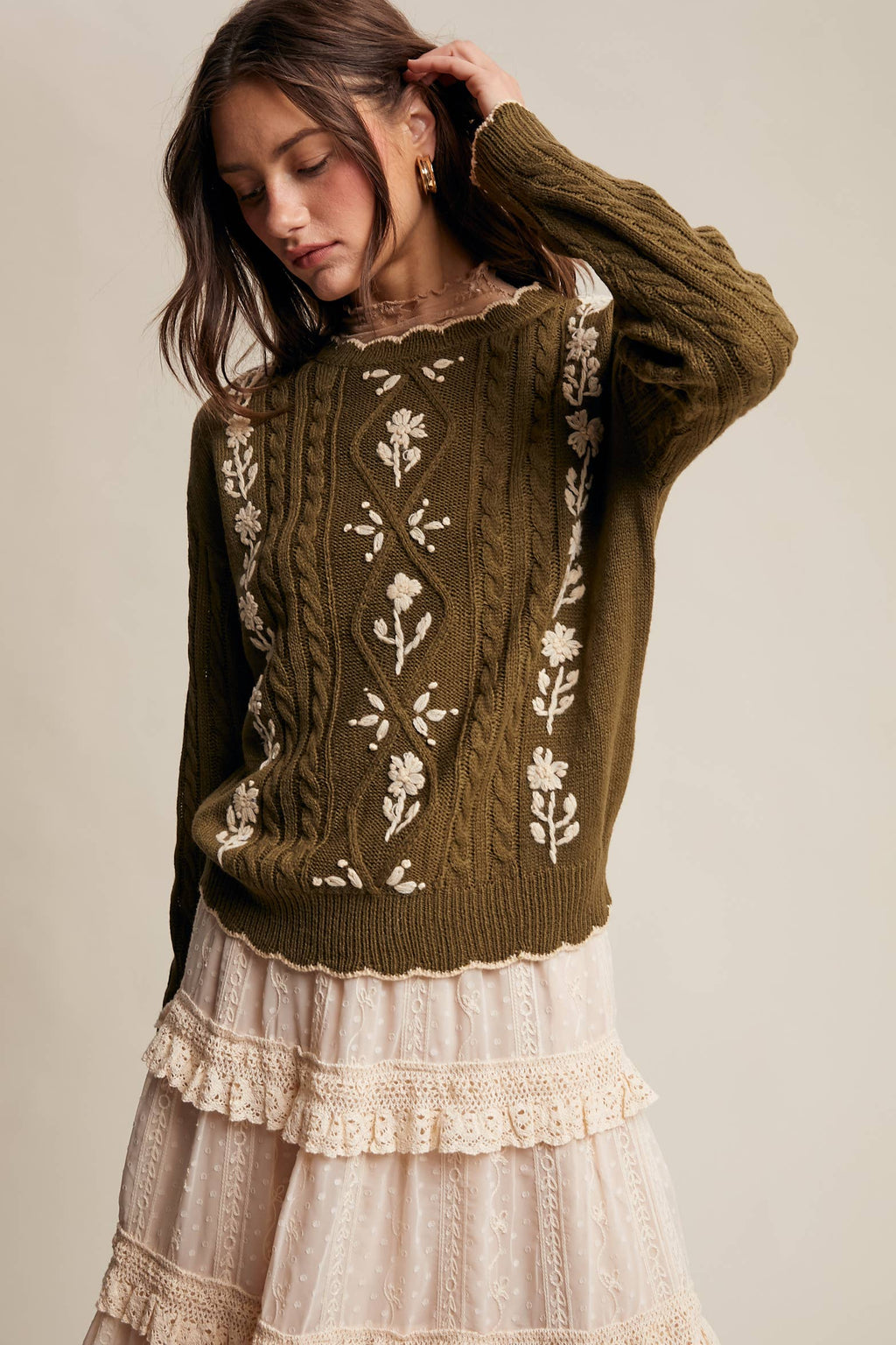 Floral Embroidered Cable Knit Sweater