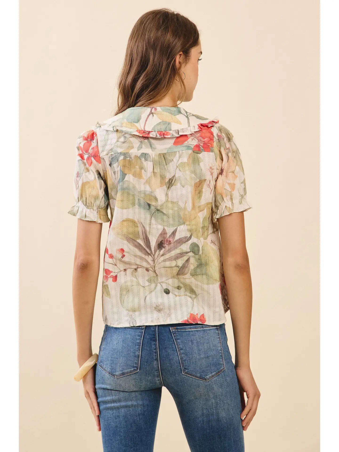 Floral Print Textured Stripes Peter Pan Collar Top
