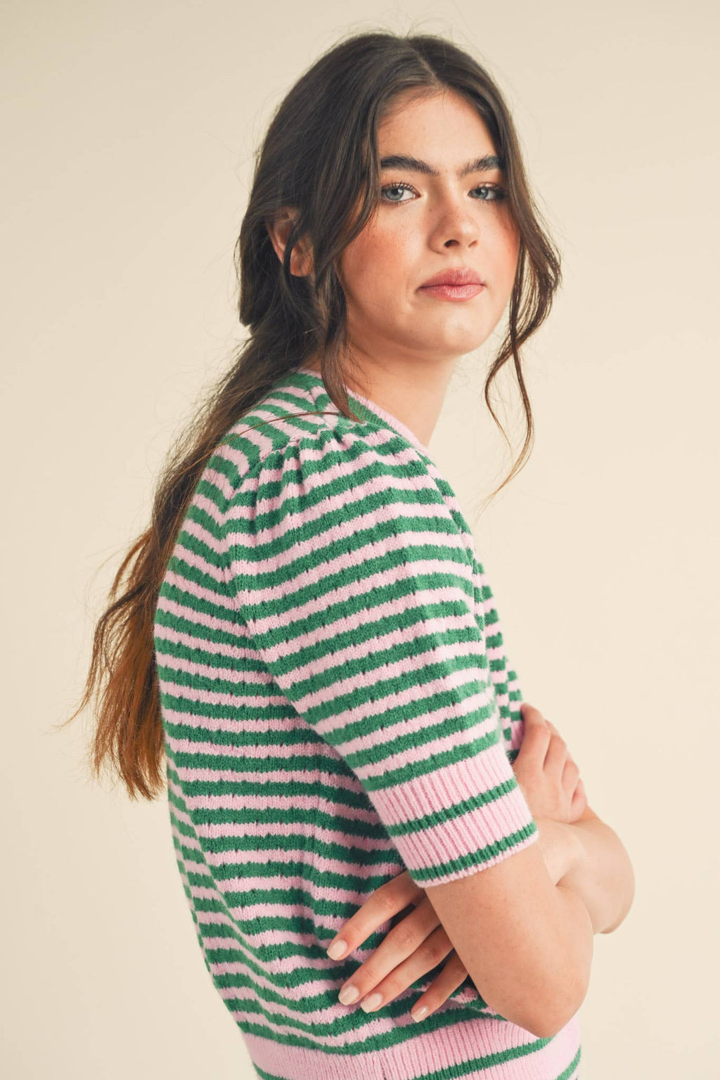 STRIPED POINTELLE KNIT PUFF SLEEVE SWEATER