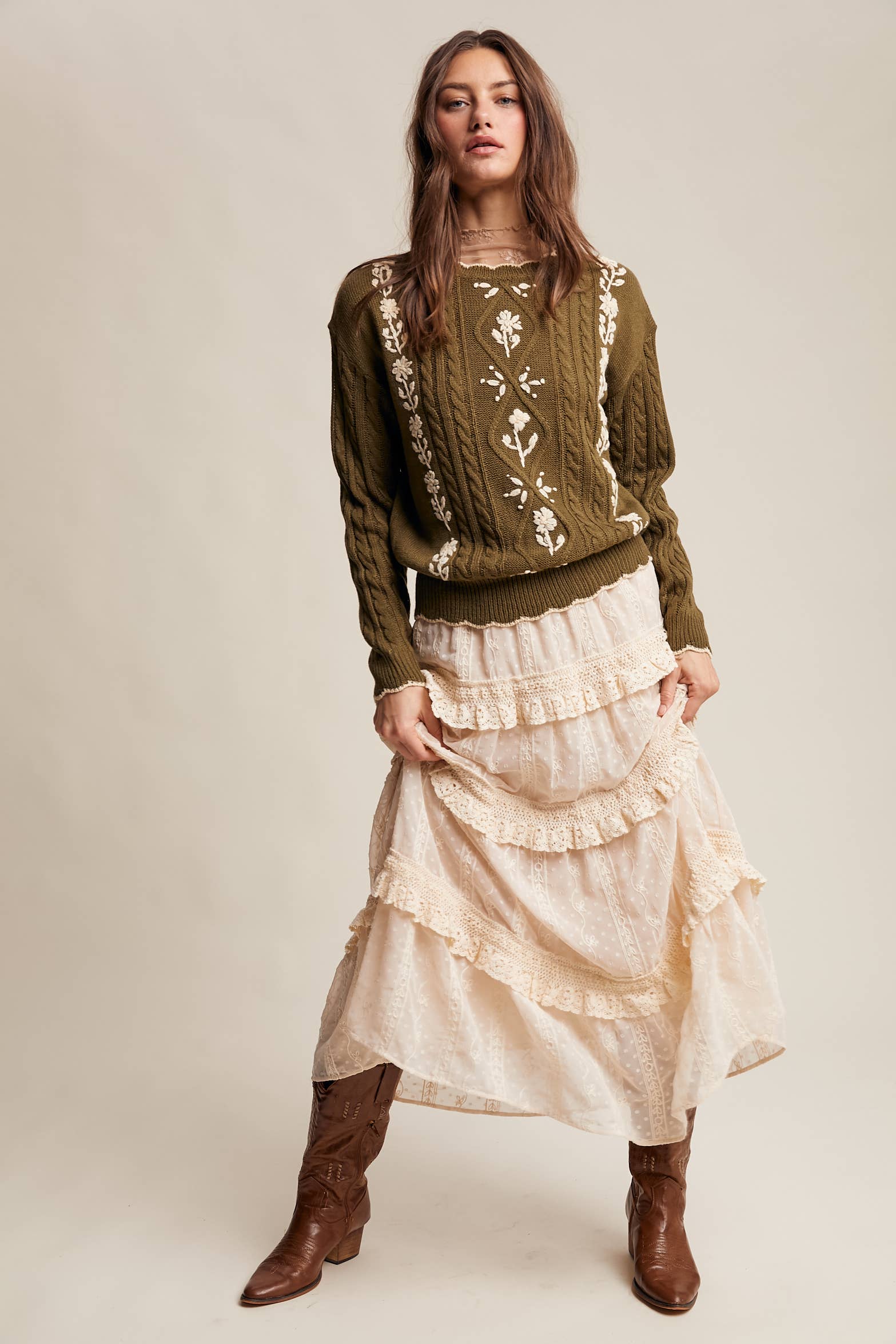 Floral Embroidered Cable Knit Sweater