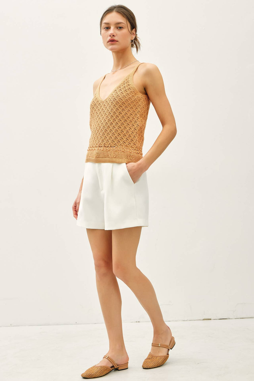 CROCHET KNIT DETAILED V-NECK TANK
