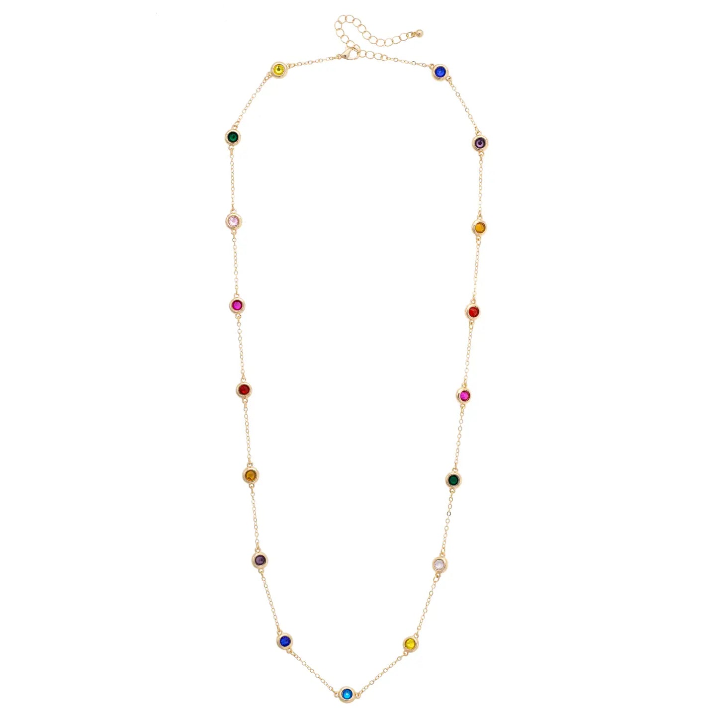 Colorful Multi. Bezel Stone Necklace in Shiny Gold