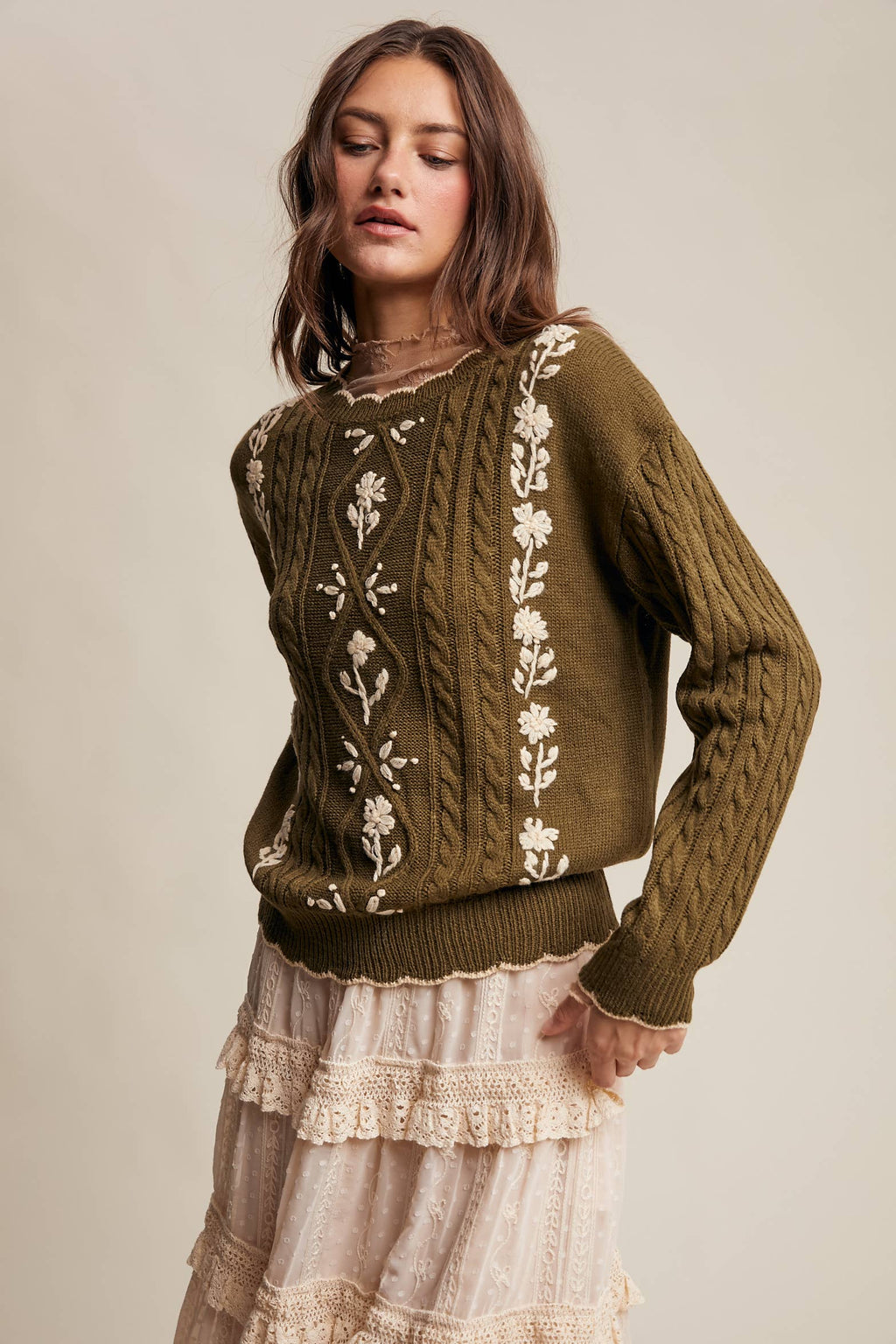 Floral Embroidered Cable Knit Sweater