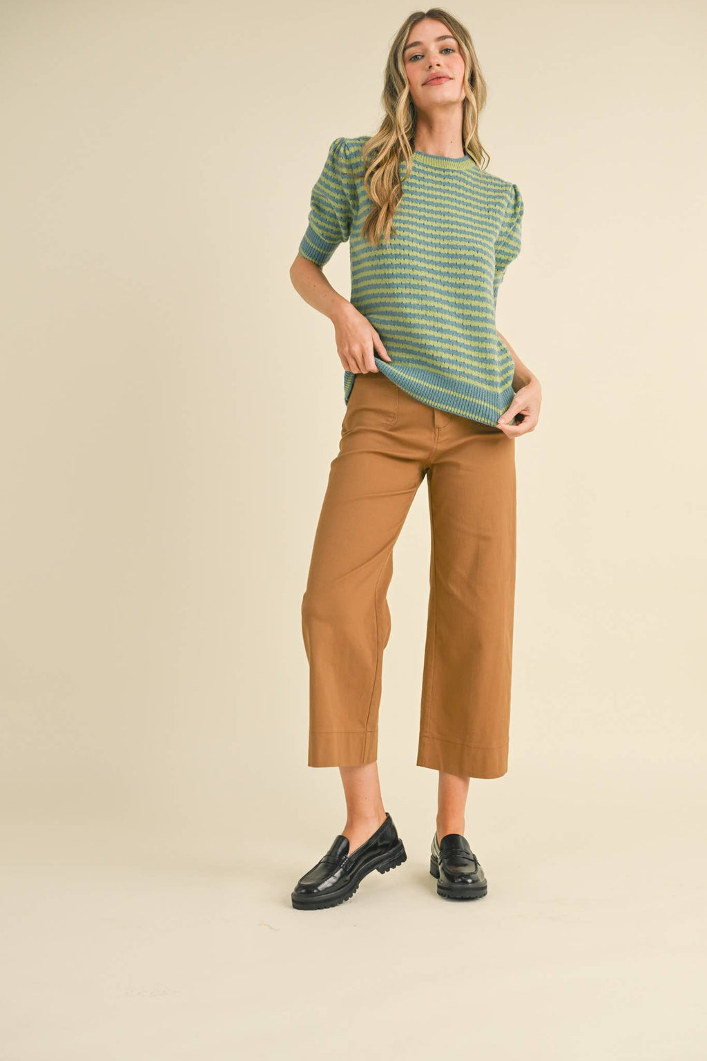 STRIPED POINTELLE KNIT PUFF SLEEVE SWEATER