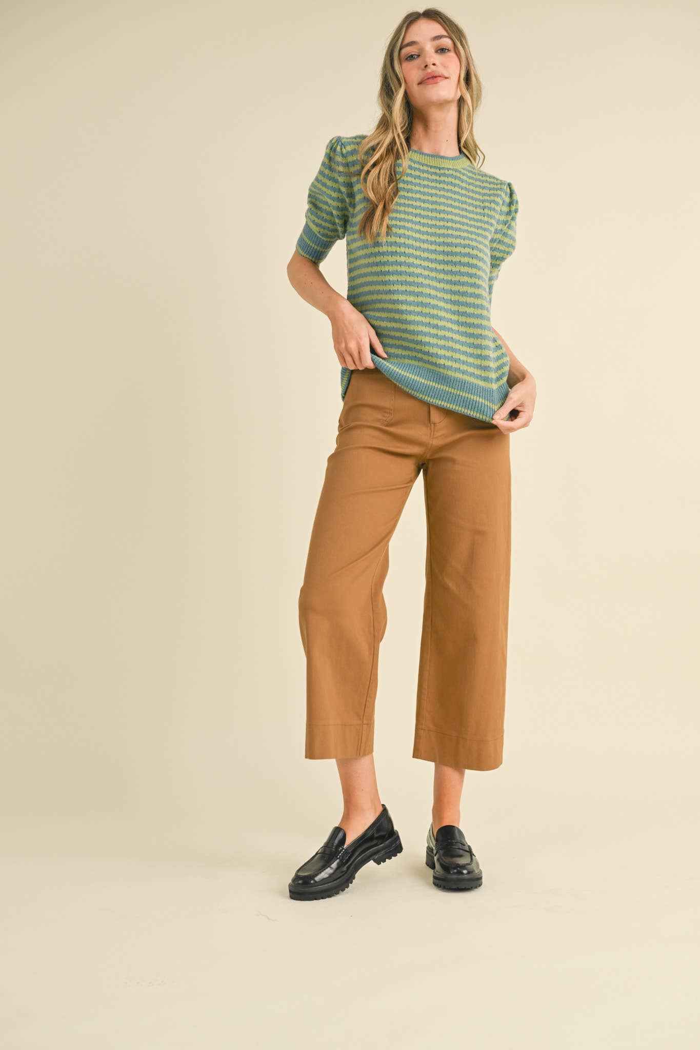 STRIPED POINTELLE KNIT PUFF SLEEVE SWEATER
