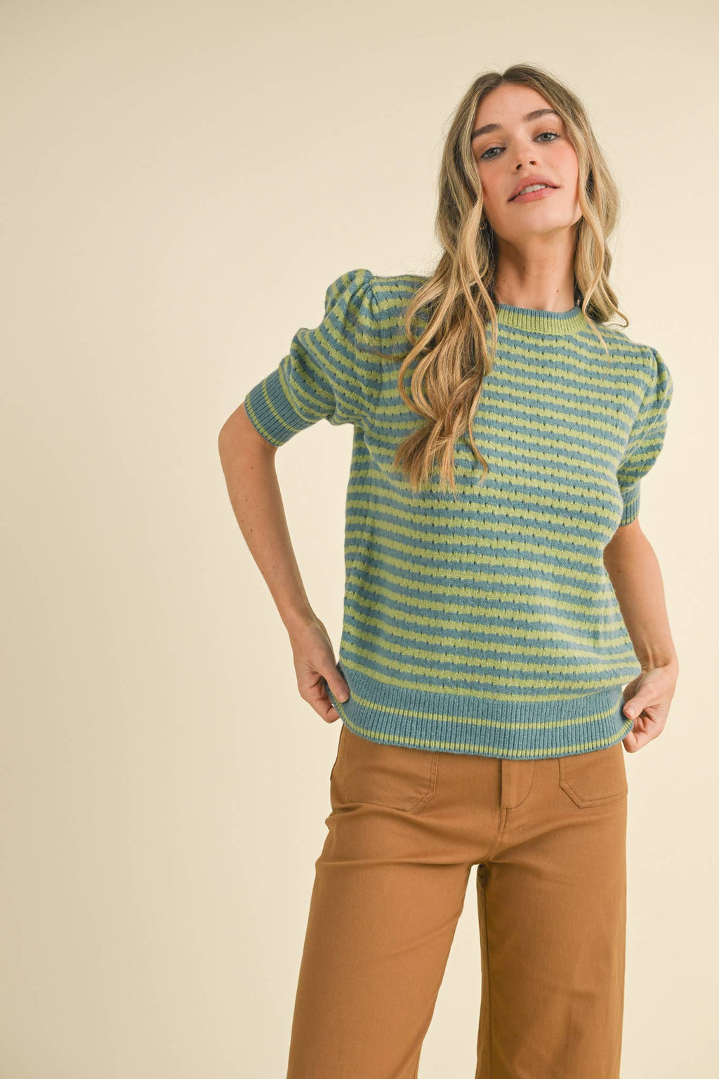 STRIPED POINTELLE KNIT PUFF SLEEVE SWEATER