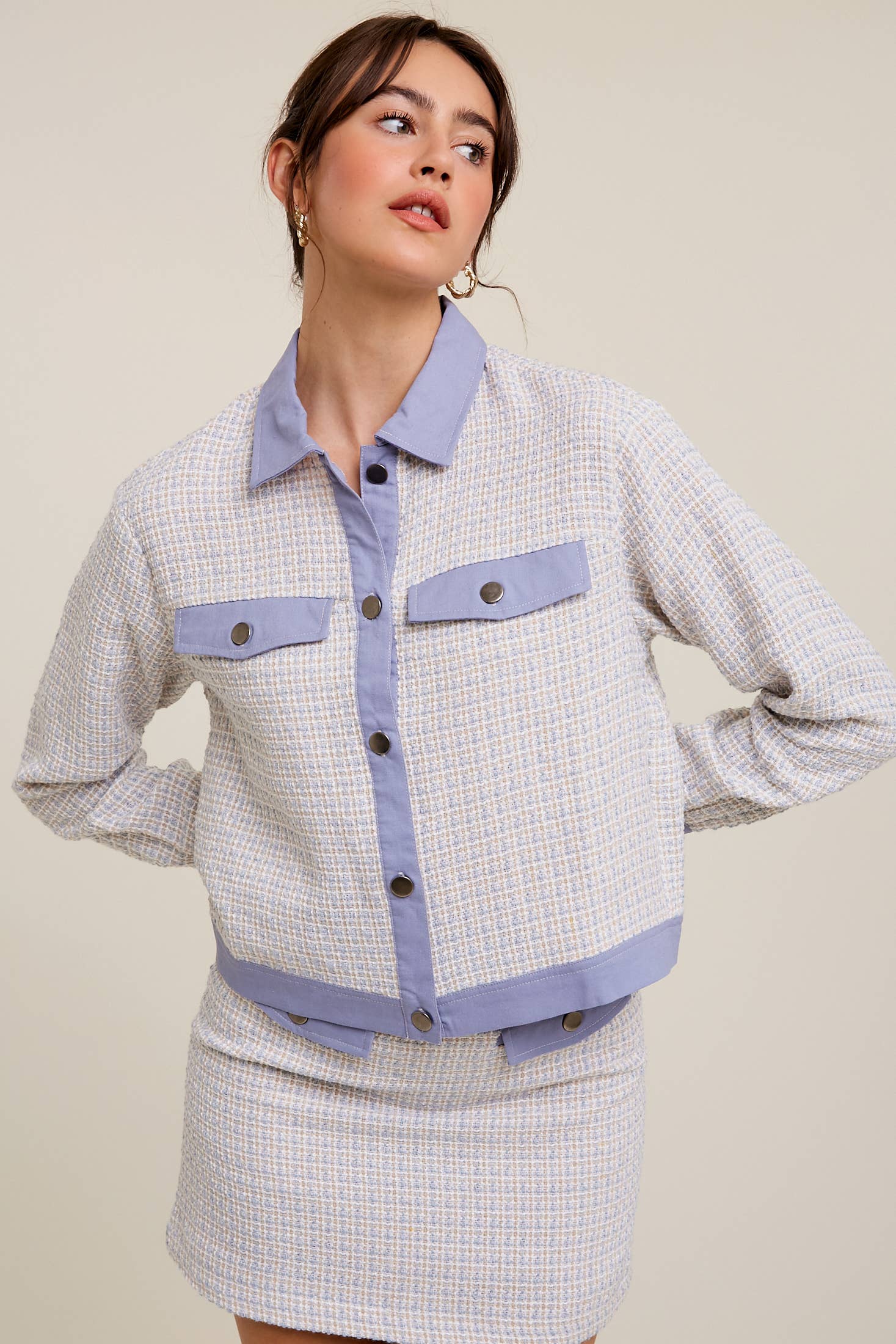 Contrast Trim Plaid Tweed Jacket & Mini Skirt Set
