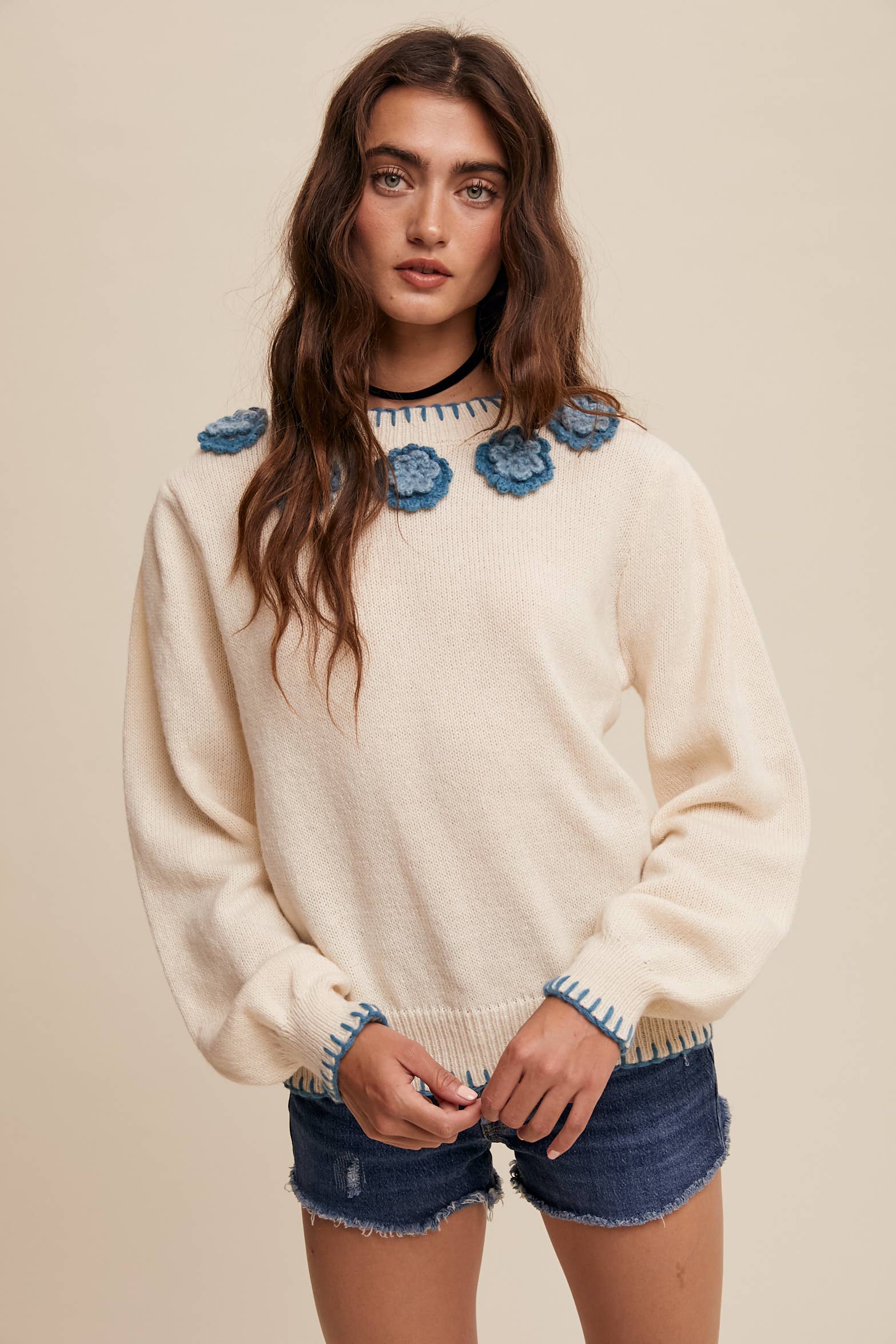 Crochet Bloom Applique Sweater