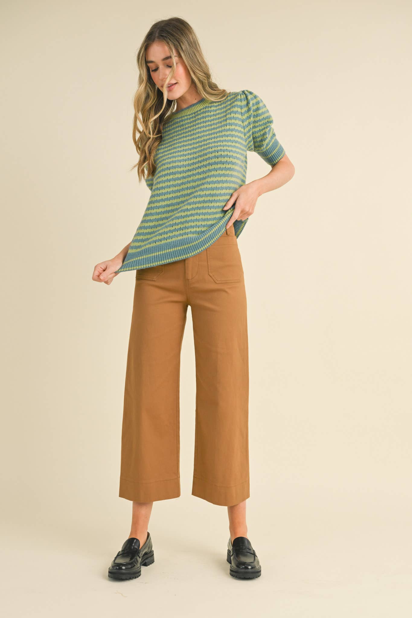 STRIPED POINTELLE KNIT PUFF SLEEVE SWEATER