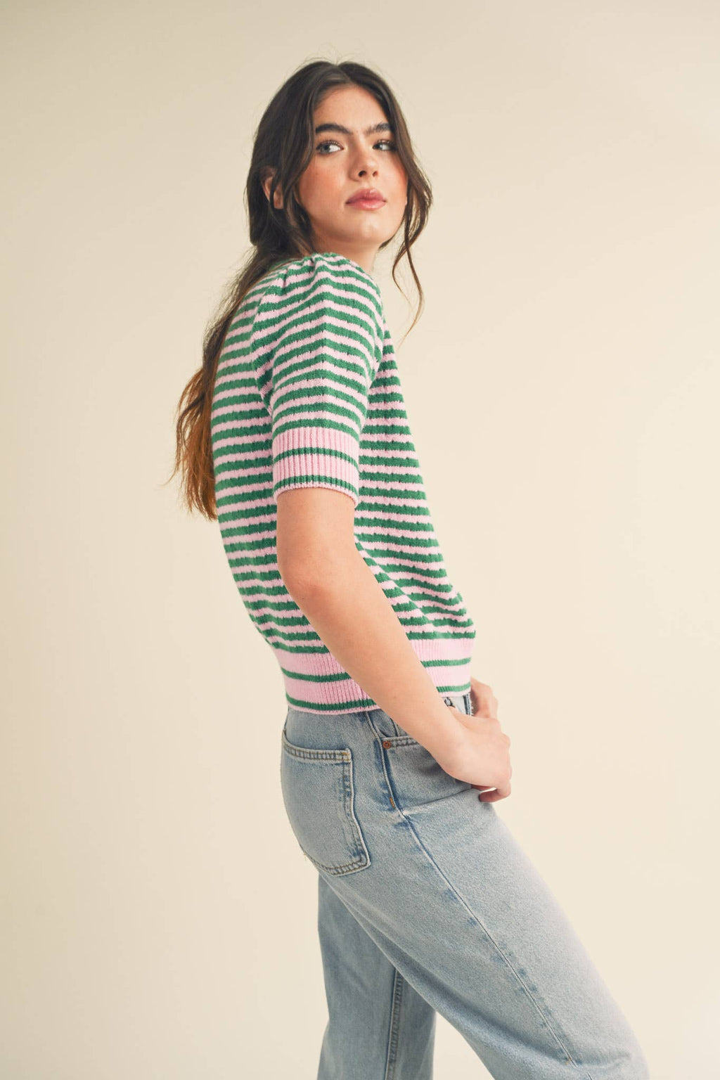 STRIPED POINTELLE KNIT PUFF SLEEVE SWEATER