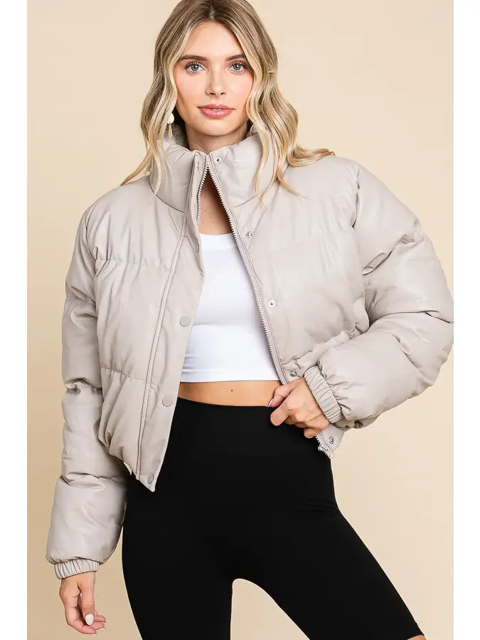 FAUX Leather Front Zipper and Buttons Puffer