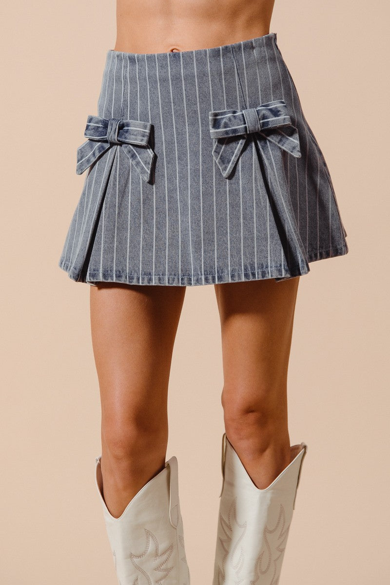 Washed Stripe Denim Ribbon A-Line Mini  Skirt