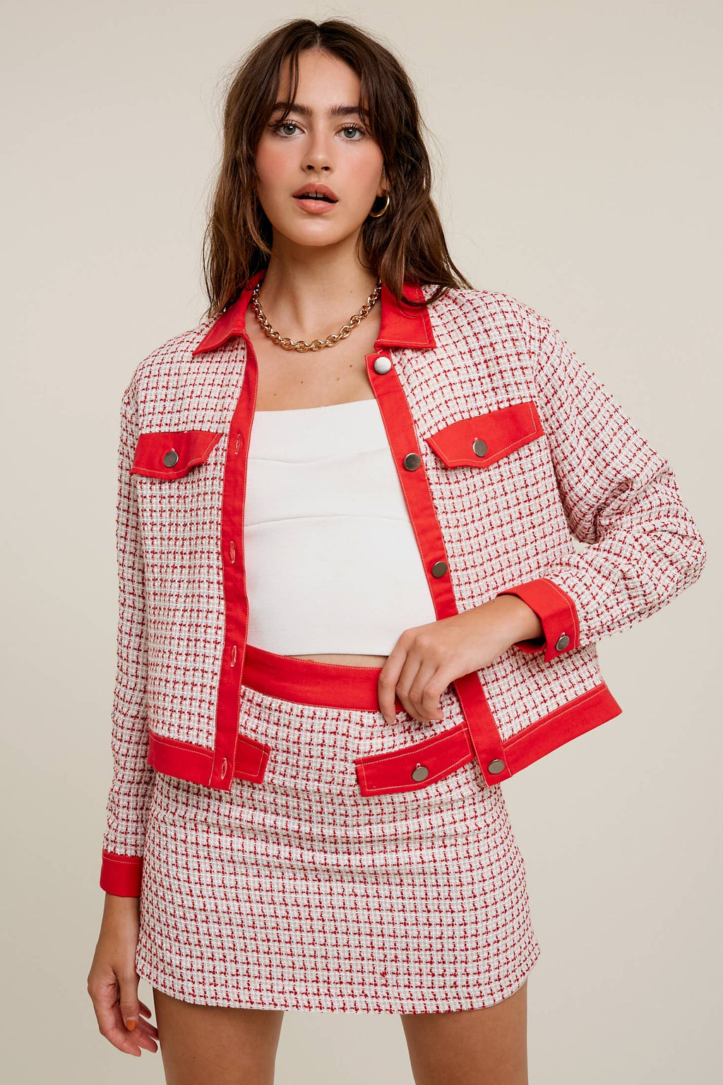 Contrast Trim Plaid Tweed Jacket & Mini Skirt Set