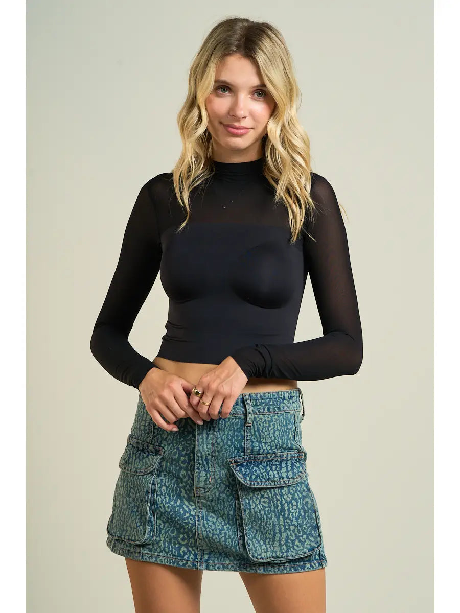 Sheer Mesh Long Sleeve Crop Top
