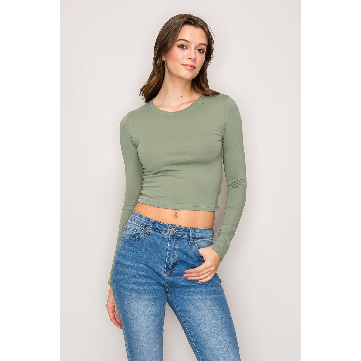 Crew Neck Long Sleeve Cotton Cropped Knit Top