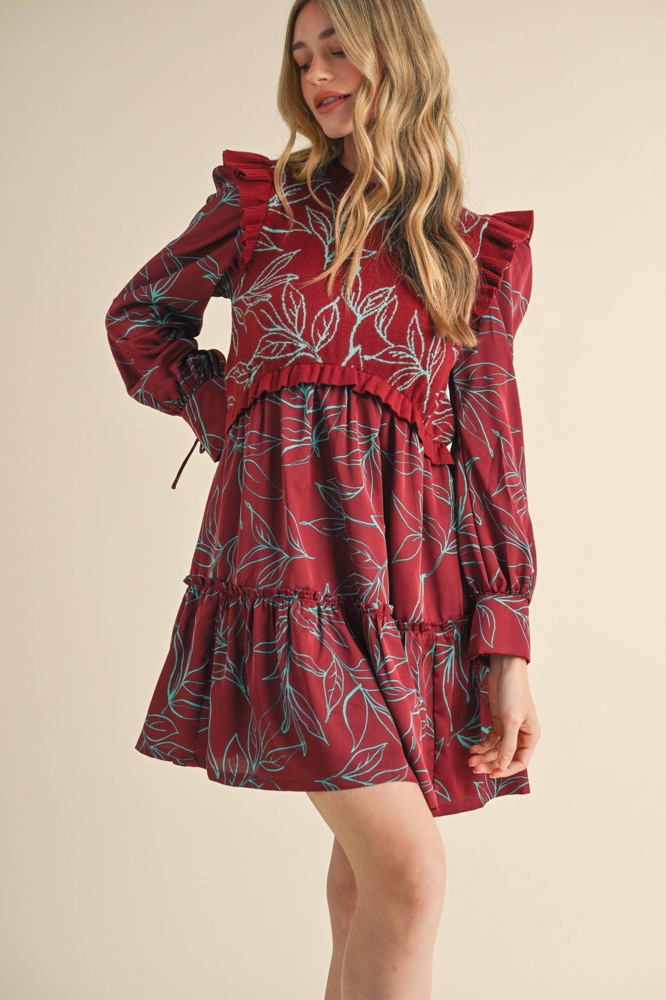 EXCLUSIVE PRINT MIXED MEDIA SWEATER DRESS