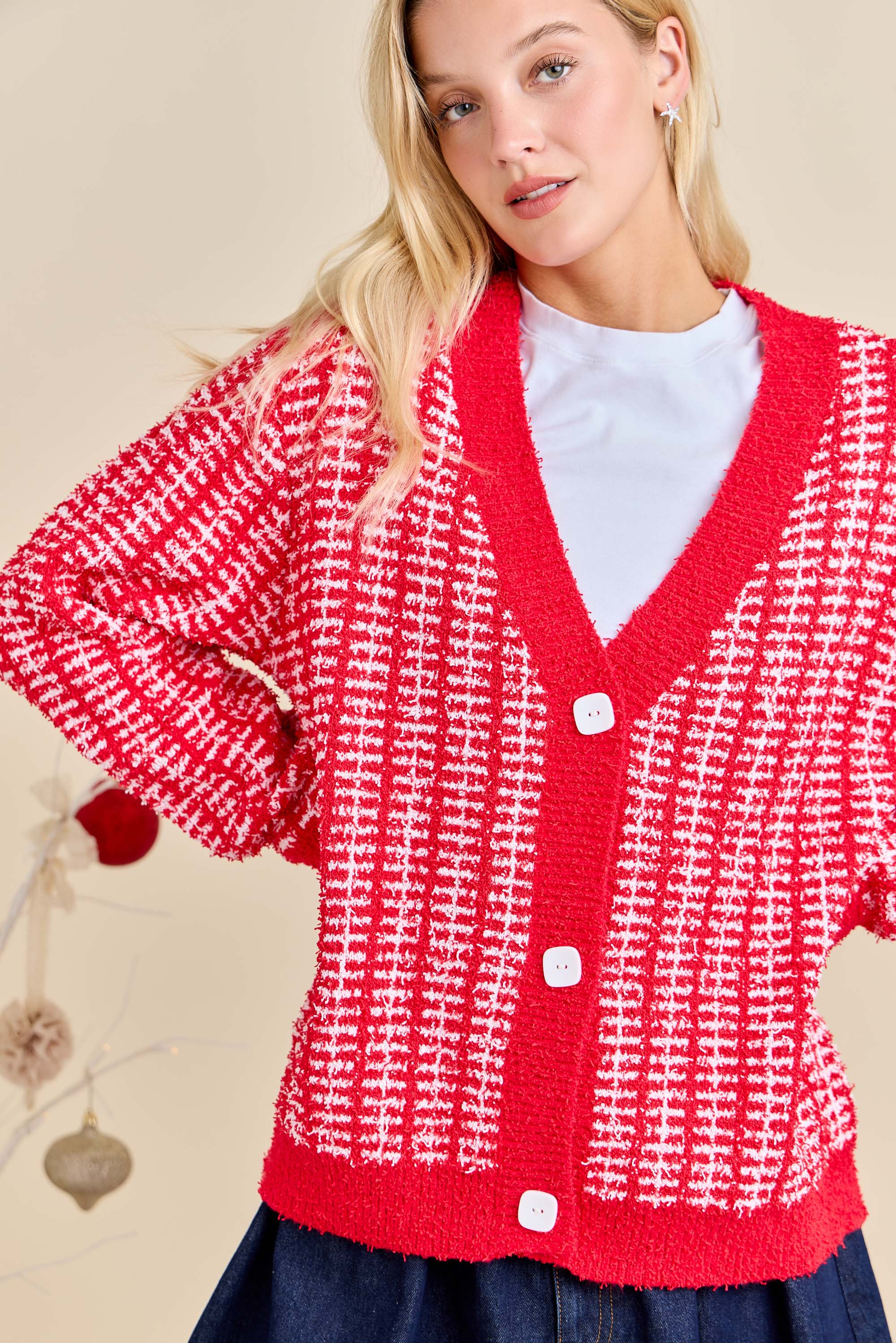 Holiday Check Knit Cardigan