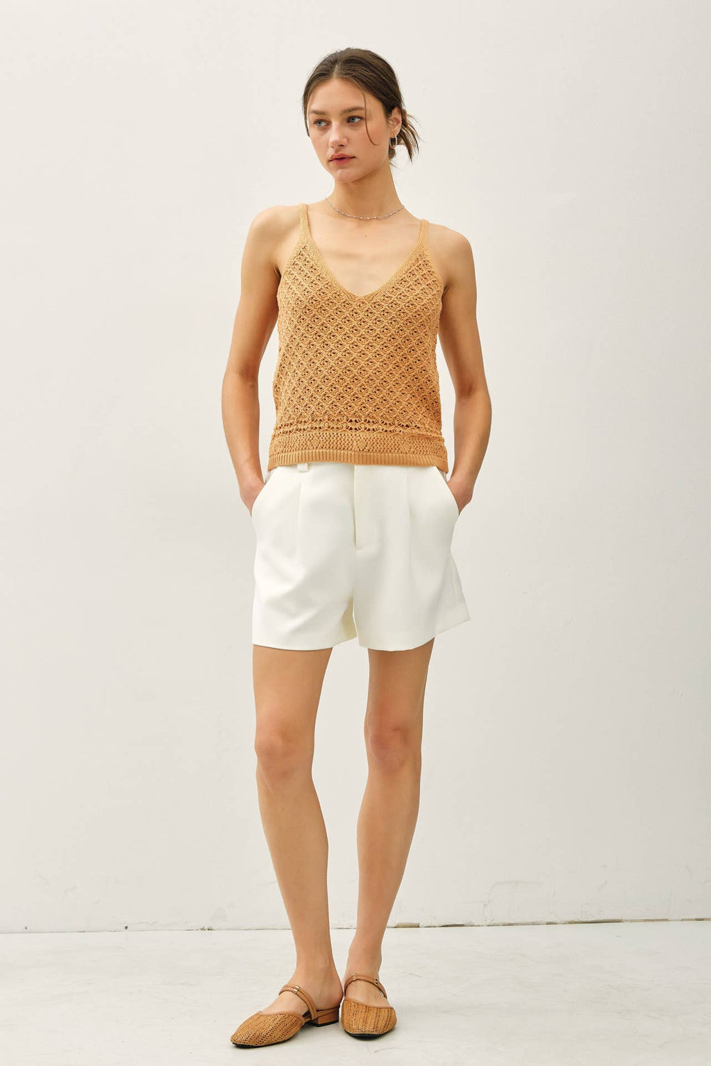 CROCHET KNIT DETAILED V-NECK TANK