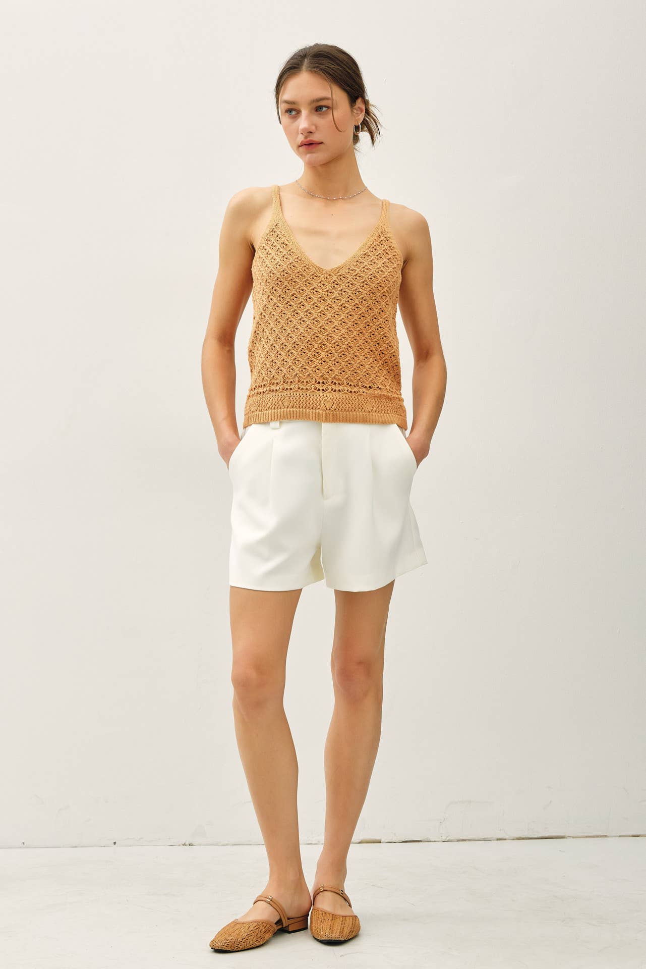 CROCHET KNIT DETAILED V-NECK TANK