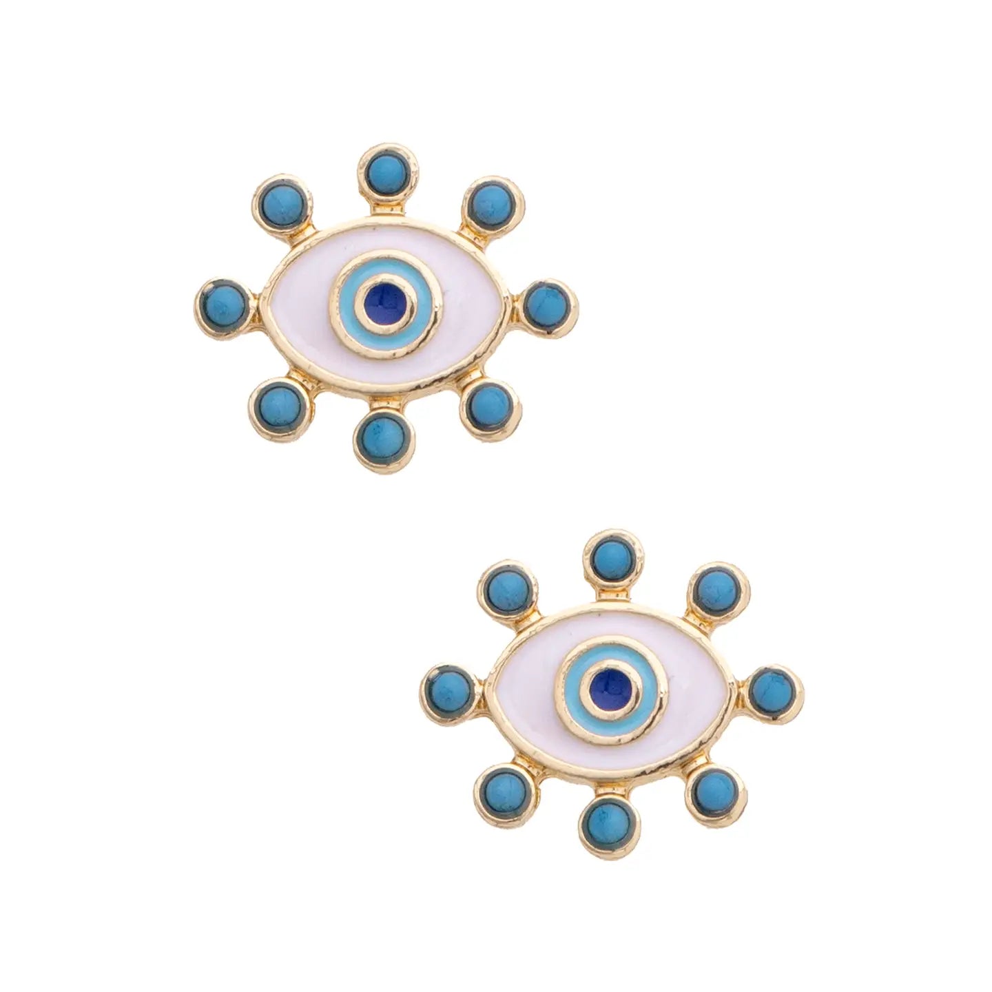 Turquoise Studded Evil Eye Studs in Shiny Gold
