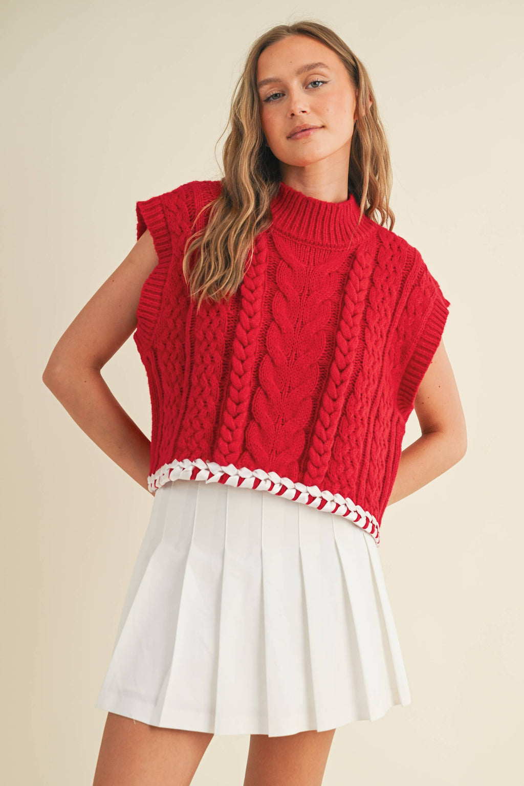 CABLE KNIT DROP SHOULDER CONTRAST STITCH SWEATER
