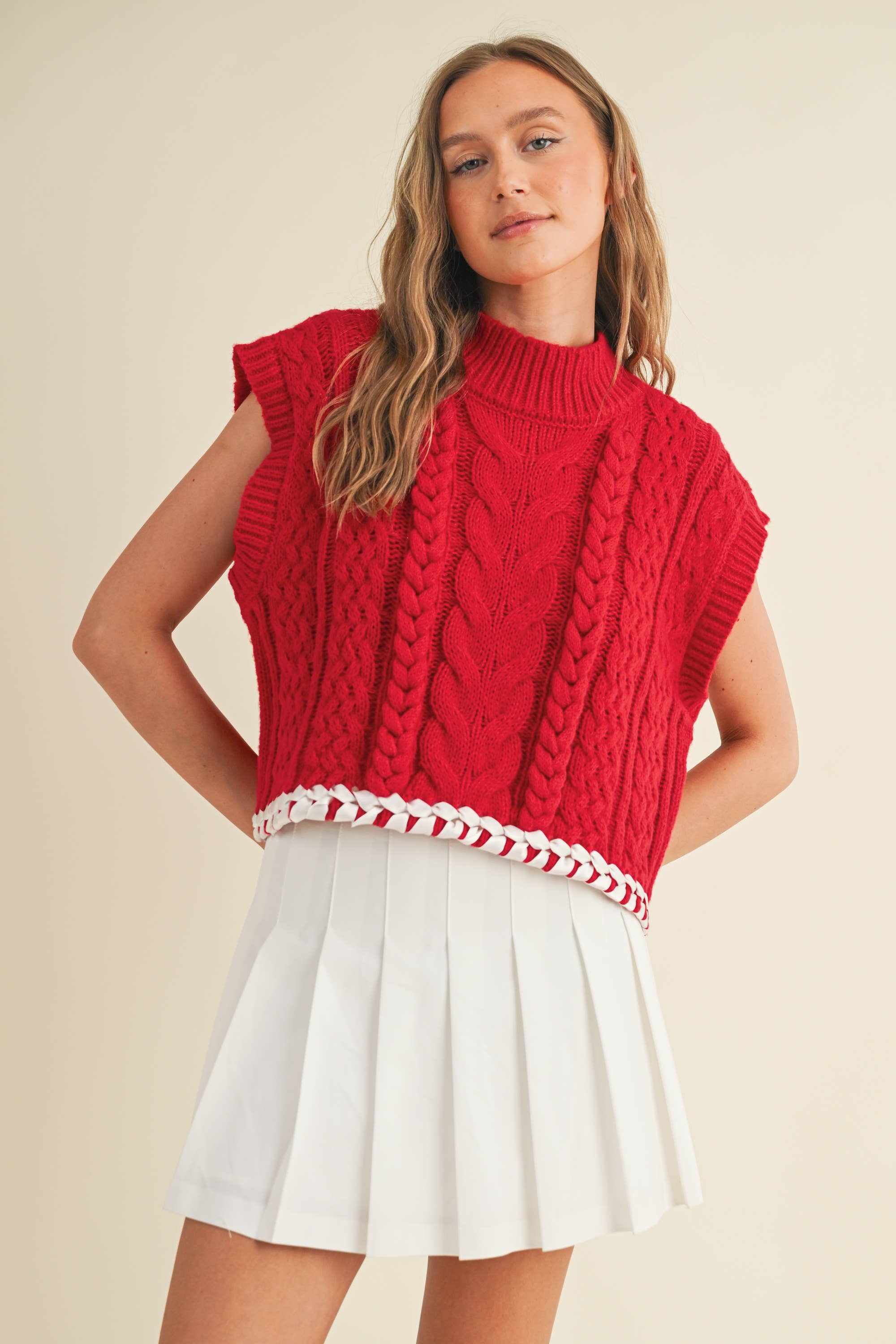 CABLE KNIT DROP SHOULDER CONTRAST STITCH SWEATER