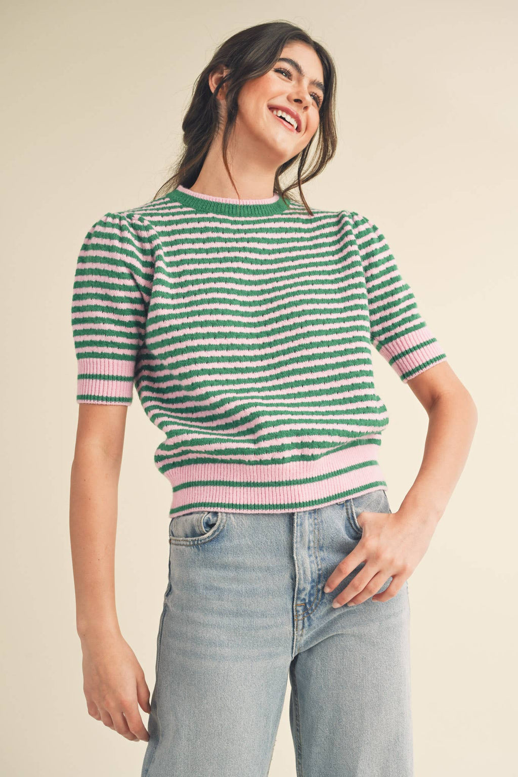 STRIPED POINTELLE KNIT PUFF SLEEVE SWEATER