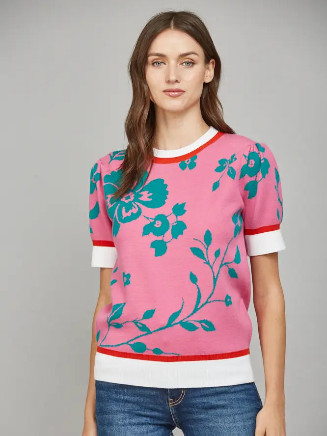 Floral Pattern Jacquard Knit Short Puff Sleeve Sweater