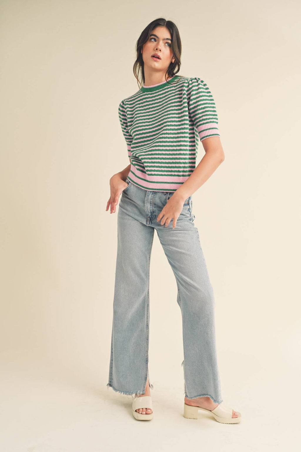 STRIPED POINTELLE KNIT PUFF SLEEVE SWEATER