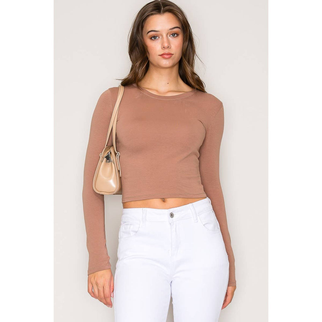 Crew Neck Long Sleeve Cotton Cropped Knit Top