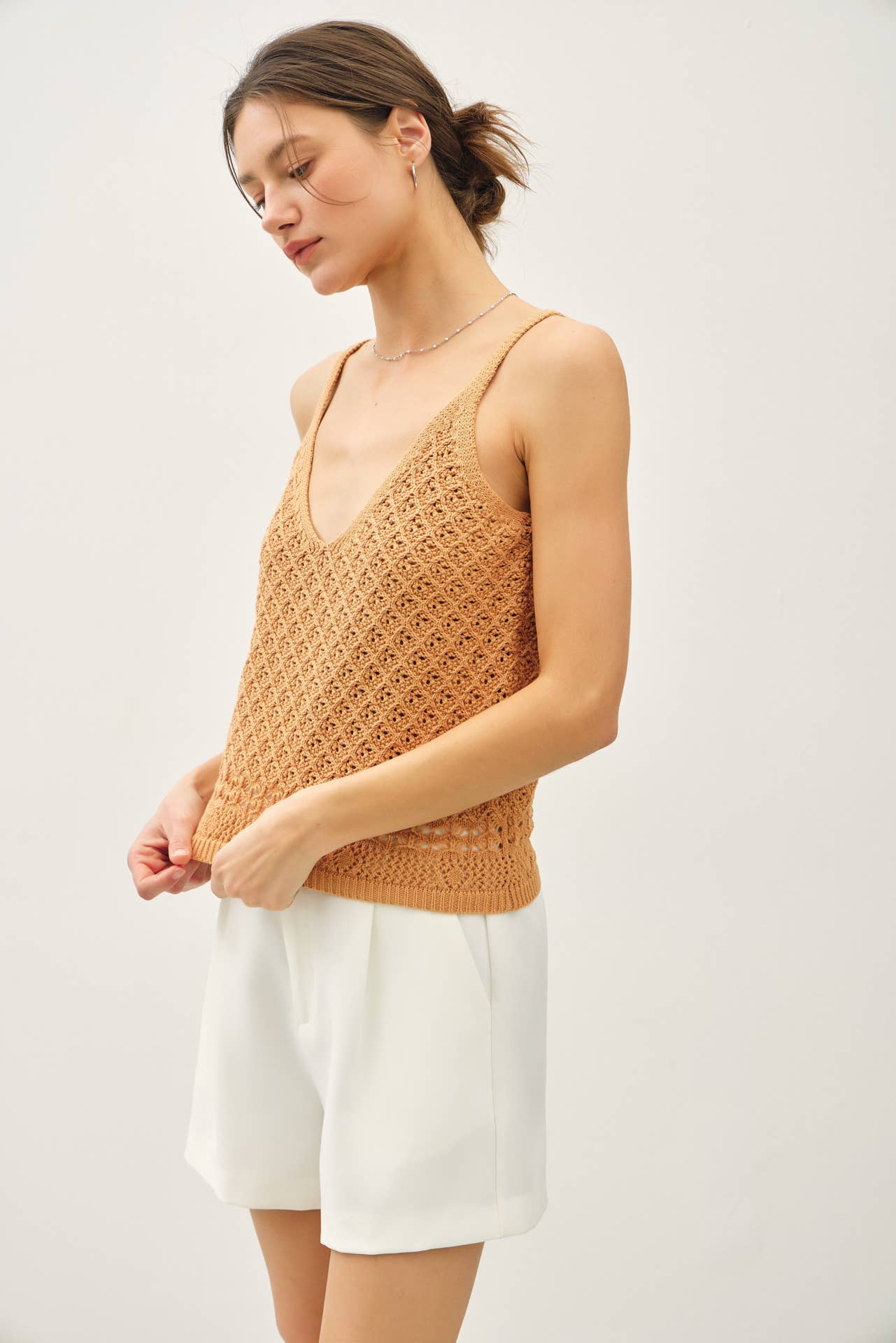 CROCHET KNIT DETAILED V-NECK TANK