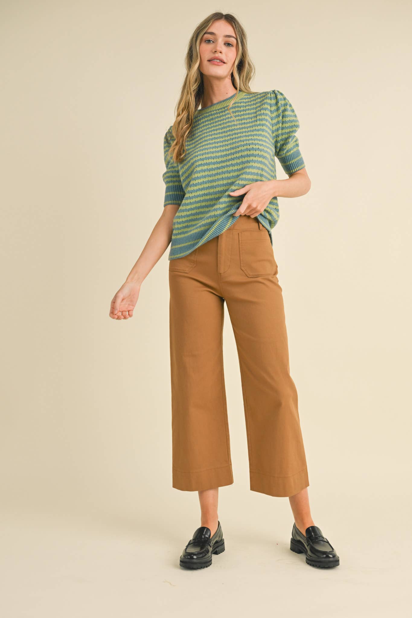 STRIPED POINTELLE KNIT PUFF SLEEVE SWEATER