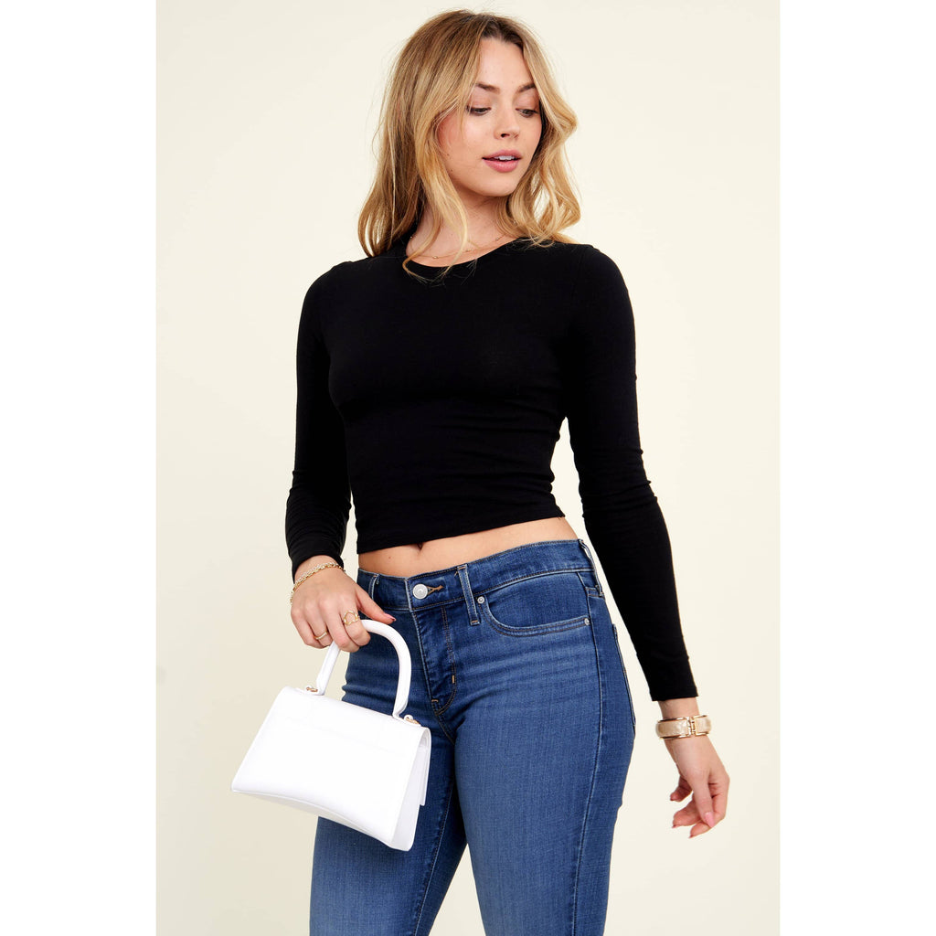 Crew Neck Long Sleeve Cotton Cropped Knit Top