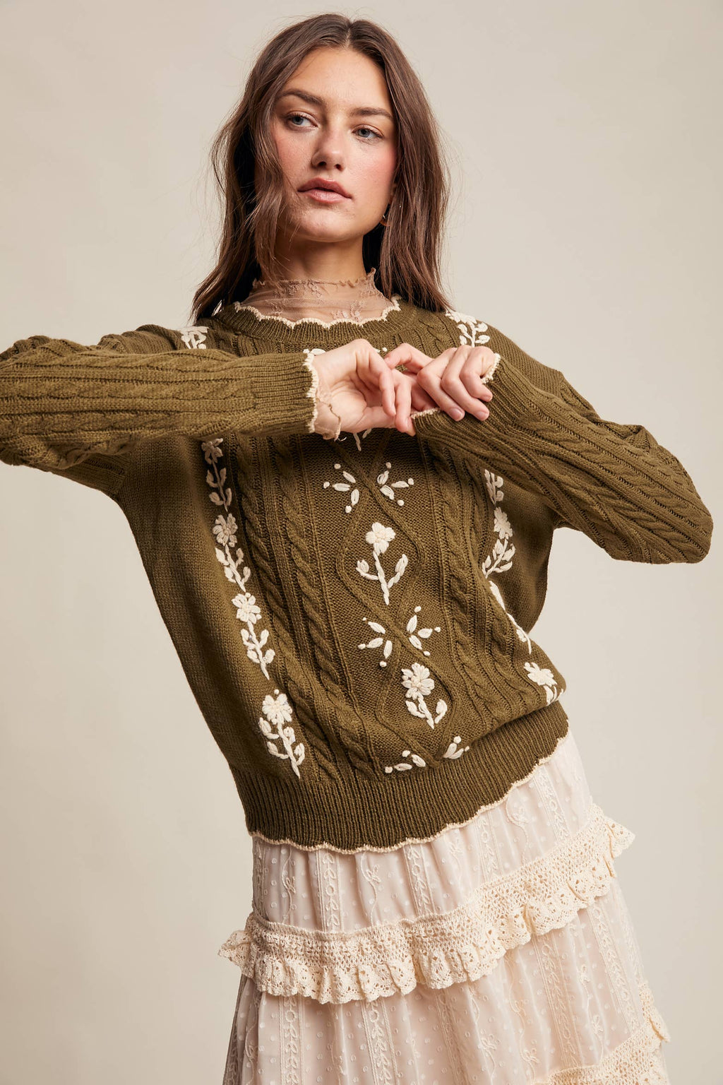 Floral Embroidered Cable Knit Sweater