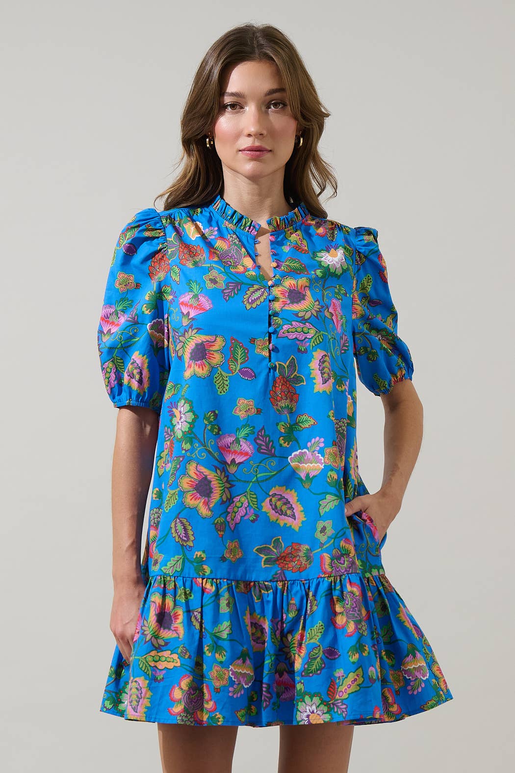 Anabelle Floral Rully Shift Mini Dress