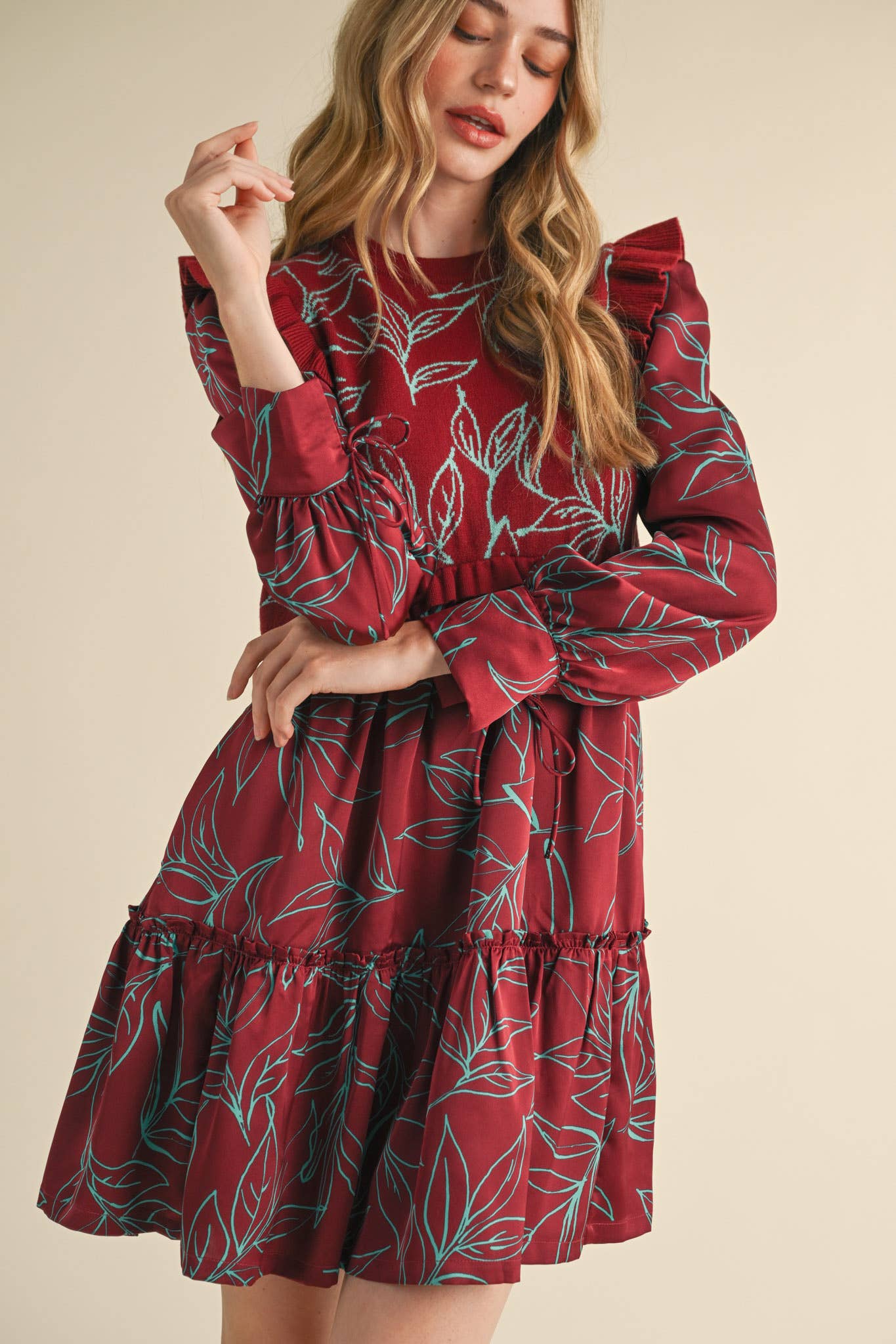 EXCLUSIVE PRINT MIXED MEDIA SWEATER DRESS