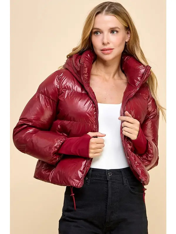Thumb Hole Opening Hooded Puffer Jacket
